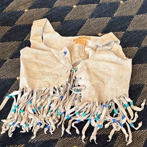 Beige Suede Fringe Vest with Turquoise & Blue Beads